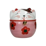 tirelire chat maneki-neko ceramique peint a la main c 10cm - rose